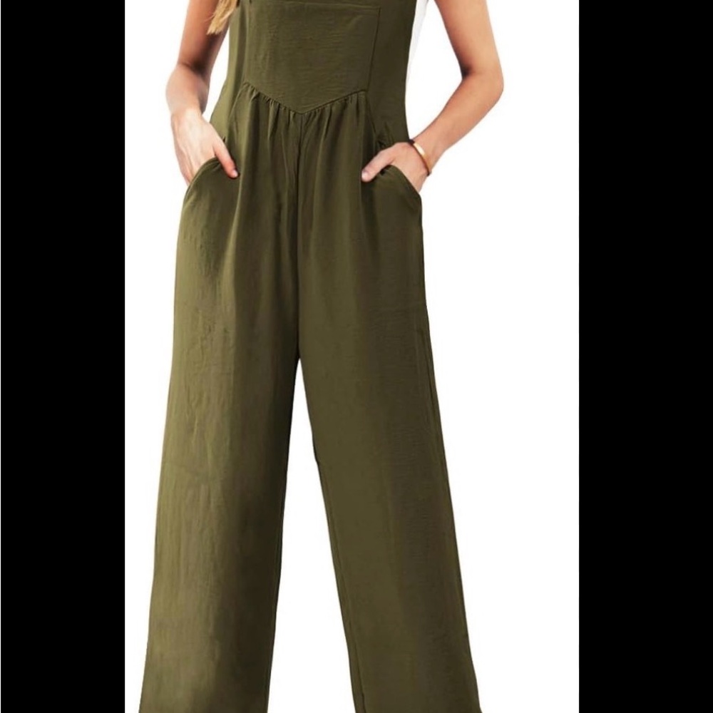 Causal Wide Leg Overalls Jumpsuit Bib Outfits W/Pockets Olive